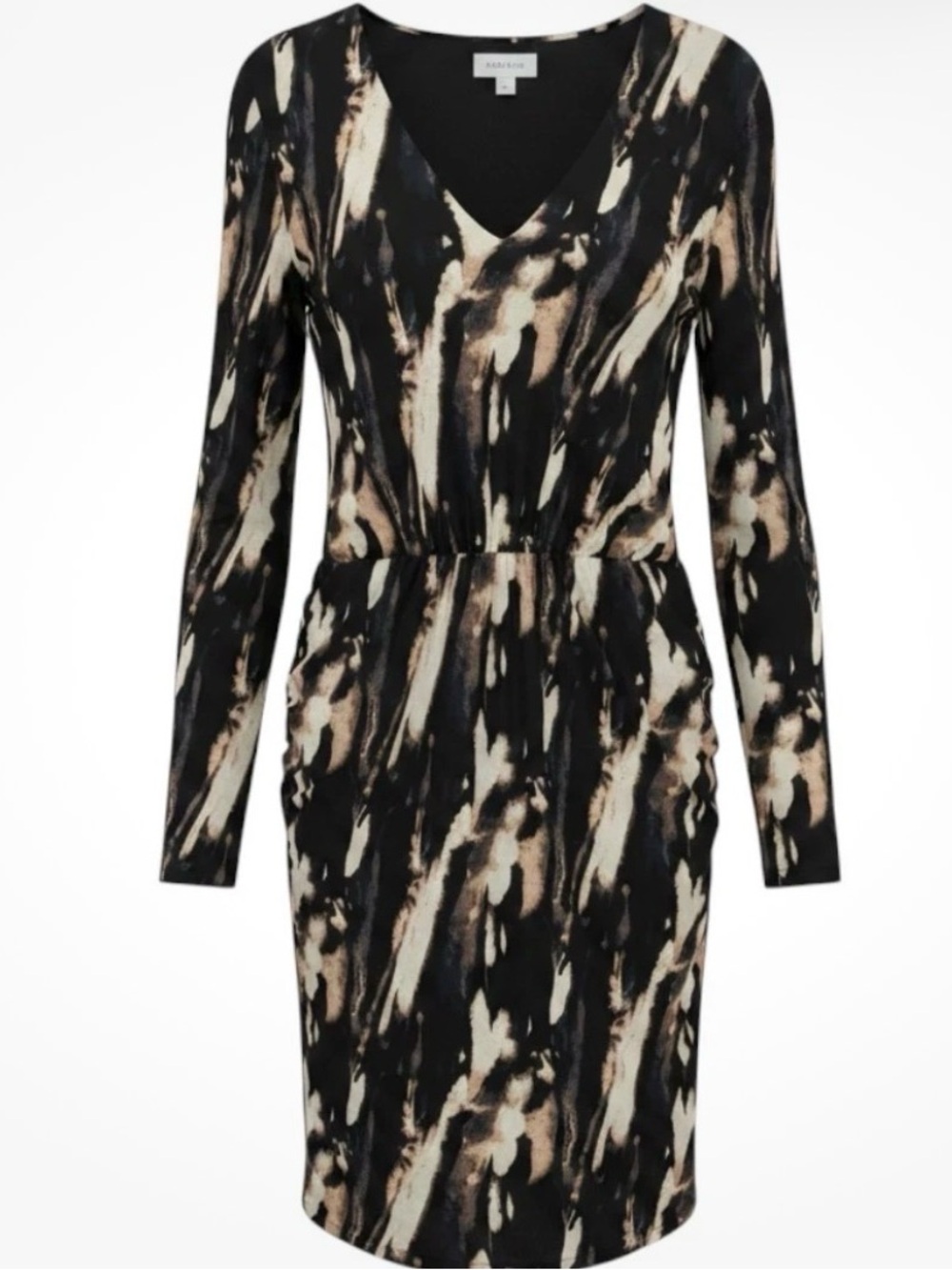 EVEREVE Mesh Ruched Dress Women Size XL Black Abstract V-Neck Cocktail NWT